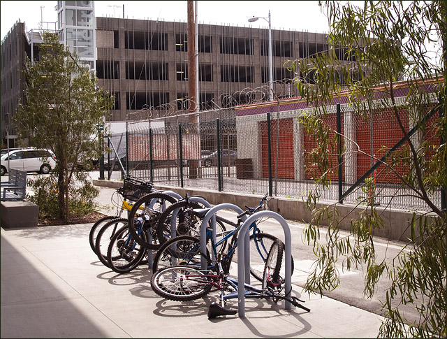 Bike parking (front), car parking (background) at Expo Line La Cienega/Jefferson station