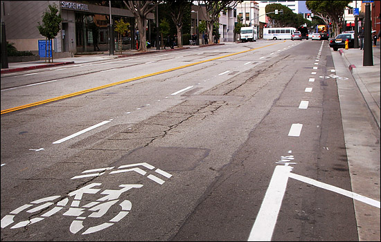 Santa Monica street with sharrows and a bike lane