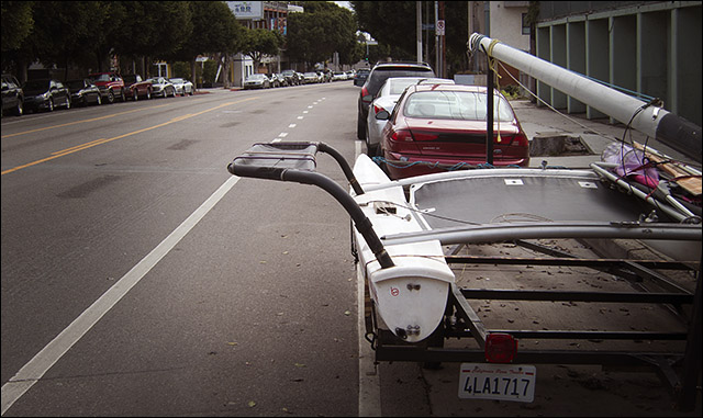 Main Street bike lane in Venice CA--blocked by a catamaran!