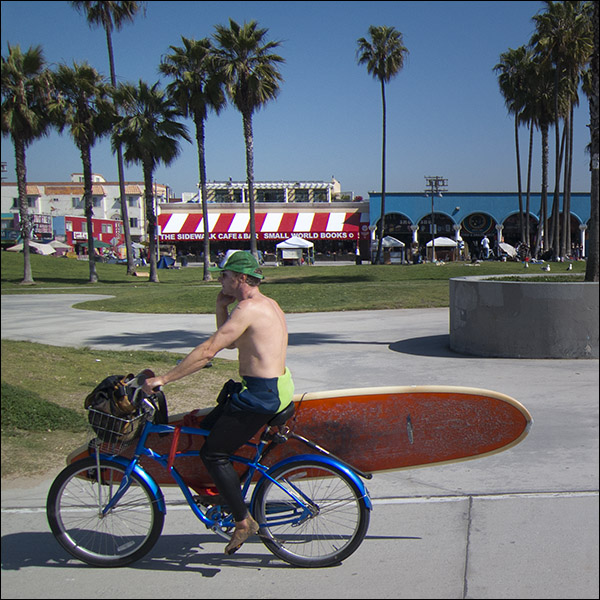 Surfboard, cellphone, and beach cruiser, Venice Beach